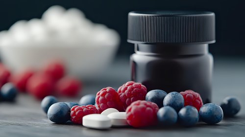 Fresh raspberries and blueberries scattered around white pills and dark medicine bottle on dark surface, dramatic lighting and shallow depth of field.