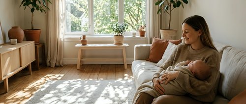 Young Caucasian mother sitting on sofa breastfeeding newborn baby in bright Scandinavian living room with natural light and plants.