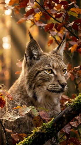 Wild lynx portrait in autumn forest with colorful fall foliage and warm sunlight filtering through trees creating natural wildlife habitat scene.