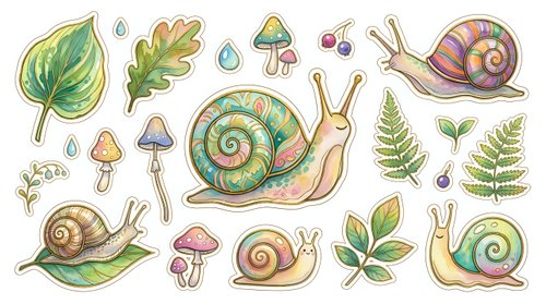Isolated garden snails with shells, mushrooms, ferns and leaves on white background. Hand-drawn botanical elements for clipart, t-shirt design, stickers and craft projects.