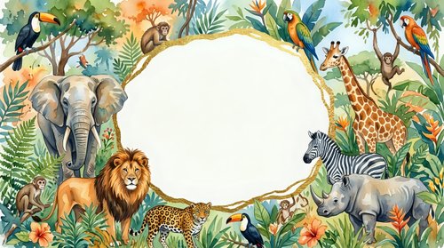 Safari animals frame with elephant, lion, giraffe, zebra, rhino, leopard and tropical birds in jungle setting. Blank space for text or design elements.