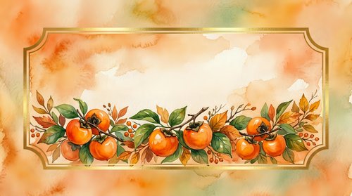 Vintage orange branch with ripe citrus fruits and green leaves in decorative frame on warm watercolor background. Suitable for kitchen decor, recipe cards, and autumn designs.