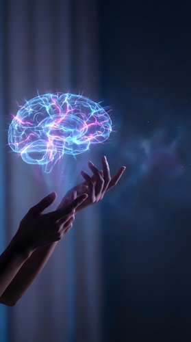 Glowing neon brain floating above outstretched hand with electric neural connections and colorful light effects on dark blue background for AI concepts.