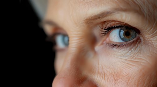Close up view of mature Caucasian woman's bright blue eyes with natural wrinkles and aging skin texture showing wisdom and life experience in soft natural lighting.