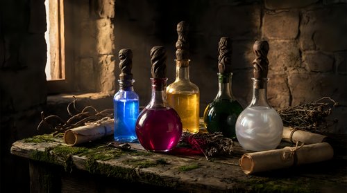 Colorful magic potions in glass bottles on a rustic wooden table in a dark medieval stone dungeon with scrolls and herbs.