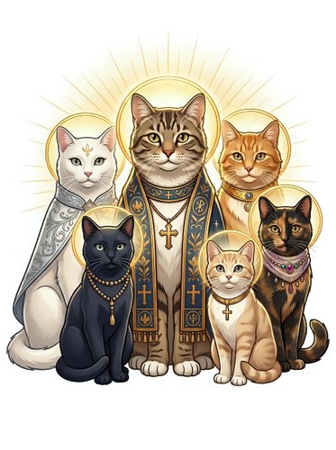Group of five cats wearing ornate religious robes and golden halos, isolated on white background. Center tabby cat wears elaborate vestments with cross pendant. Surrounding cats include white, black, orange, and cream colored felines adorned with decorative collars and jewelry. Suitable for spiritual artwork, religious satire, t-shirt designs, and humorous clipart applications.