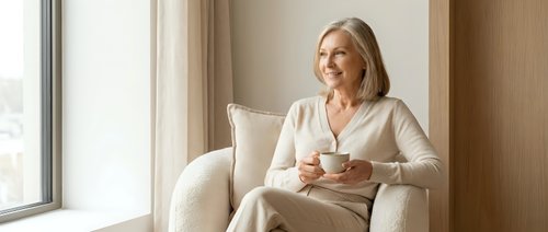 Mature blonde woman in casual beige clothing sitting in armchair by window, holding cup of tea or coffee, relaxed home setting, suitable for lifestyle and wellness content.