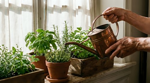 Senior hands watering fresh herbs in terracotta pots on sunny windowsill. Indoor gardening, sustainable living, homegrown cooking ingredients concept.