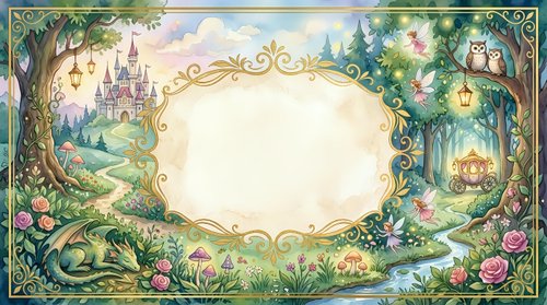 Enchanted fairy tale frame with castle, forest, dragon, owls, carriage, fairies, roses, and mushrooms. Copy space for text or design.