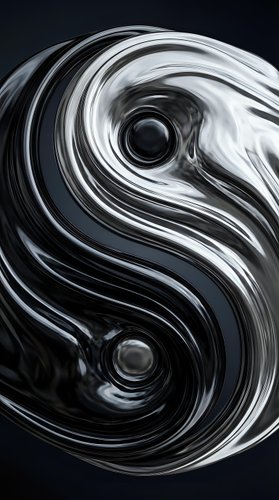 Liquid chrome yin yang symbol with flowing metallic waves creating dynamic balance and harmony in monochrome swirls for modern design concepts.