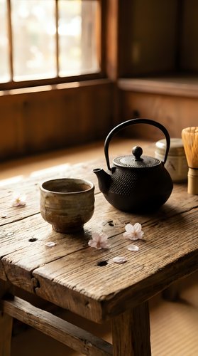 Traditional Japanese tea ceremony setup with cast iron teapot and ceramic cup on rustic wooden table in warm sunlit room for meditation and mindfulness practices.