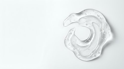 Clear gel or serum swirl with water droplets on white background, isolated cosmetic product for skincare, beauty, and wellness design applications.
