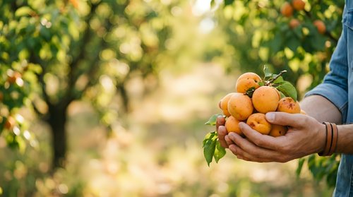 Farmer holding fresh harvested apricots in hands at orchard during summer season, agriculture and fruit picking concept.
