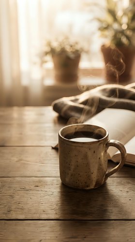 Steaming coffee mug on rustic wooden table with cozy morning sunlight streaming through window creating warm atmospheric home interior scene.