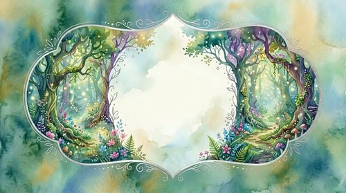 Watercolor fantasy forest frame with mystical trees, flowers and vines creating ornate border on textured background for magical designs.