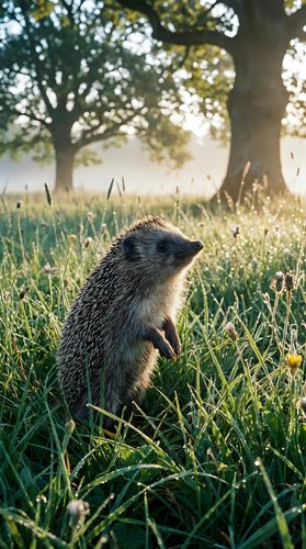 Cute hedgehog standing in green grass field during golden hour sunset with oak trees in background creating warm natural wildlife scene.