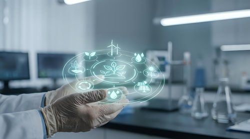 Healthcare professional displaying holographic medical technology interface with interconnected health icons in modern hospital laboratory setting.