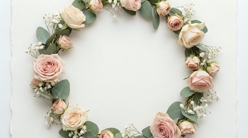 Delicate floral wreath with blush pink roses, eucalyptus leaves, and baby's breath on a white background, perfect for wedding designs.
