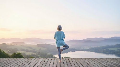 Senior woman in blue shirt practicing yoga on wooden deck overlooking misty valley landscape with lake and mountains at sunrise, wellness and mindfulness concept.