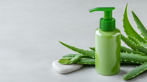 Green cosmetic pump bottle with fresh aloe vera leaves and white stone on light gray background. Natural skincare and beauty product photography.