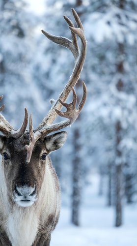 Majestic reindeer with impressive antlers in snowy winter forest landscape. Wildlife portrait showcasing natural beauty and wilderness atmosphere.