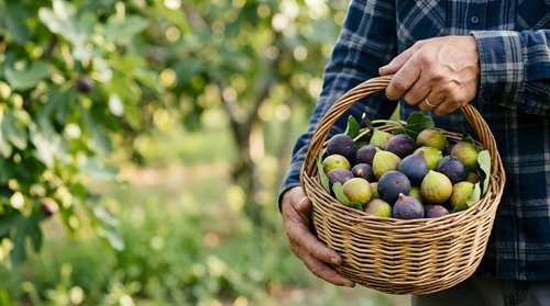 Farmer holding wicker basket filled with fresh ripe olives during harvest season in orchard garden with blurred green foliage background.