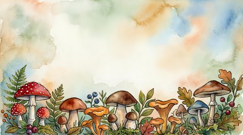 Watercolor illustration of various mushroom species with ferns and foliage in autumn tones, suitable for botanical art, educational materials, and nature-themed designs.