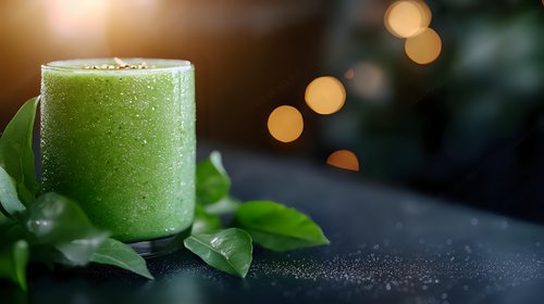 Fresh green smoothie with water drops on glass, leafy garnish and bokeh lights in background on dark surface, healthy beverage photography.