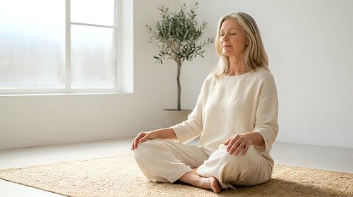 Peaceful middle-aged Caucasian woman meditating in lotus position wearing white clothing in bright minimalist room with plant for wellness and mindfulness.