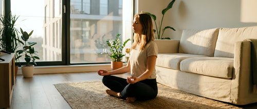 Young woman practicing mindfulness meditation in modern living room with plants and natural light streaming through large windows.