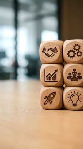 Wooden business concept blocks with engraved icons including handshake, gears, growth chart, team, rocket and lightbulb stacked on office desk for strategy planning.