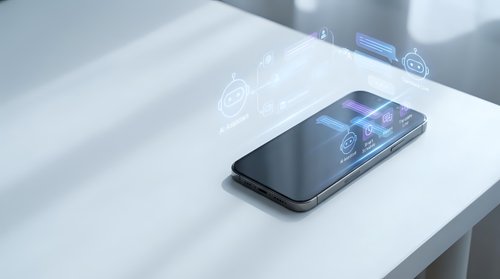 Modern smartphone with holographic security icons floating above screen displaying digital protection and cybersecurity technology on white surface.