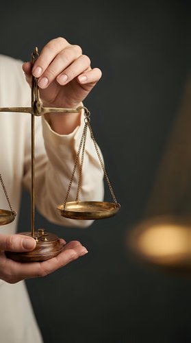 Professional lawyer holding golden scales of justice representing legal balance and fairness in courtroom setting with warm lighting atmosphere.