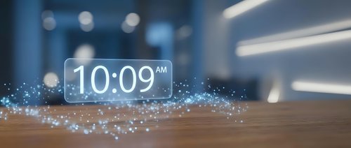 Digital clock display showing 10:09 AM floating above wooden surface with sparkling light effects in modern blurred office environment.