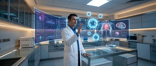 Male doctor in white coat using holographic medical interface displaying human organs and data in modern laboratory setting for healthcare technology.