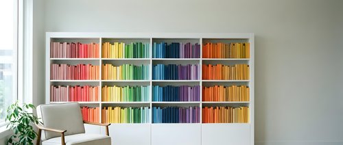 Modern home library with colorful books arranged by rainbow spectrum on white built-in shelves creating organized reading space for interior design.