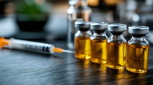 Medical vials with amber liquid medication and syringe on dark surface in clinical setting. Healthcare and pharmaceutical concept for medical presentations.