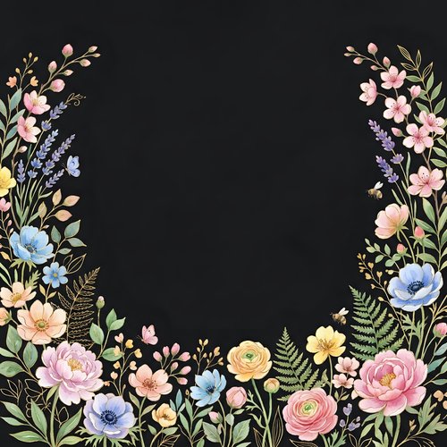 Floral frame border with colorful spring flowers and leaves on black background for wedding invitations and greeting cards.