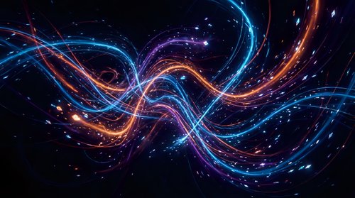 Abstract flowing energy waves with glowing particles in blue, orange and purple colors on dark background for digital art and futuristic designs.