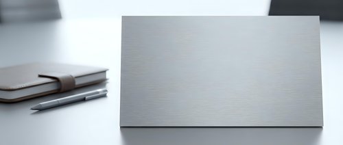 Closed silver laptop on white desk with notebook and pen, workspace setup for business, technology, and remote work environments.