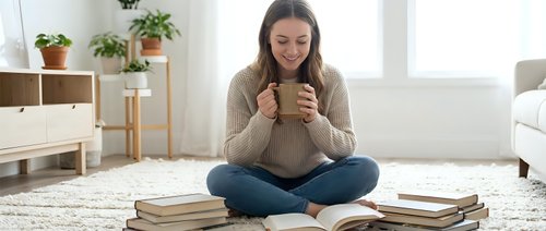Young pregnant woman enjoying hot beverage while reading books in cozy modern living room with plants and natural light for relaxation and wellness.