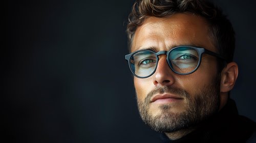Confident Caucasian male entrepreneur wearing glasses and black turtleneck against dark background, dramatic side lighting creates professional business portrait.