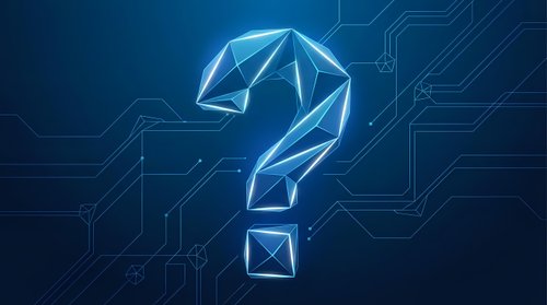 Glowing blue question mark with geometric polygonal design on dark technology circuit board background for digital innovation concepts.