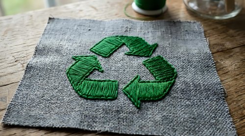 Green recycling symbol embroidered on gray linen fabric patch on rustic wooden surface, representing eco-friendly and sustainable lifestyle concepts.