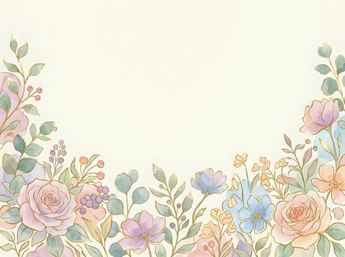 Soft watercolor floral border with pastel roses, wildflowers, and green leaves on a light background, perfect for cards and invitations.