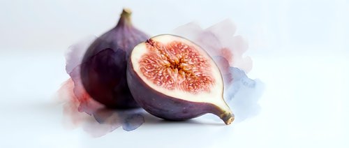 Fresh ripe figs with one cut in half showing pink flesh and seeds on white background. Healthy organic fruit for cooking and nutrition concepts.