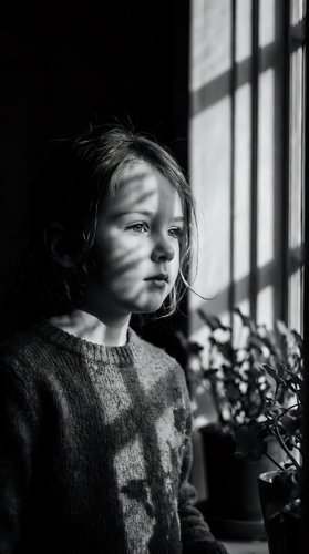 Young girl in knitted sweater standing by window with dramatic light and shadow patterns in black and white monochrome portrait for emotional storytelling.