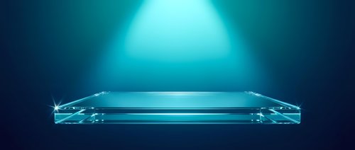 Transparent glass platform podium with dramatic blue lighting effects and glowing atmosphere for product display and presentation backgrounds.