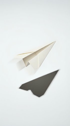 White paper airplane casting shadow on clean background symbolizing flight, travel, communication, and business success concepts.