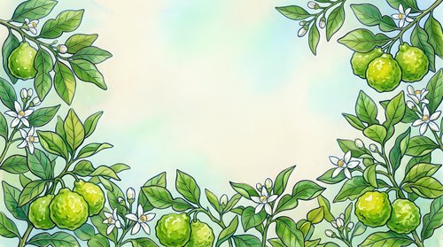 Lemon tree branches with green fruits and white blossoms frame a soft watercolor background, ideal for culinary, botanical, and wellness design projects.